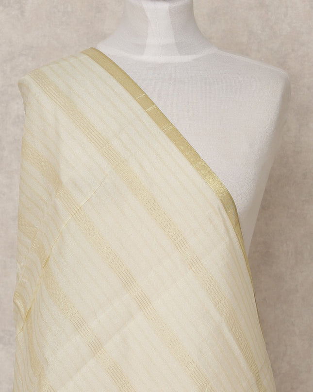 Cream Gold Subtle Striped Weave Tussar Silk Dupatta, 225X85 Cms, Made in India-D25803