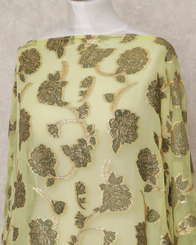 Light Green Fransawi Somali Premium Silk Chiffon Dirac Fabric with Metallic Lurex – 3.5 Mtrs, Width 140 Cms, Made in France-D24583