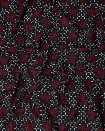 Black Floral Embroidered Cotton Voile Fabric 110cm