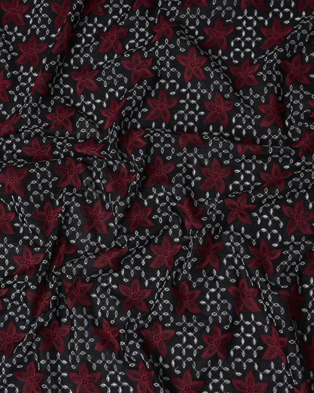 Black Floral Embroidered Cotton Voile Fabric 110cm