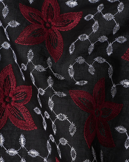 Black Floral Embroidered Cotton Voile Fabric 110cm