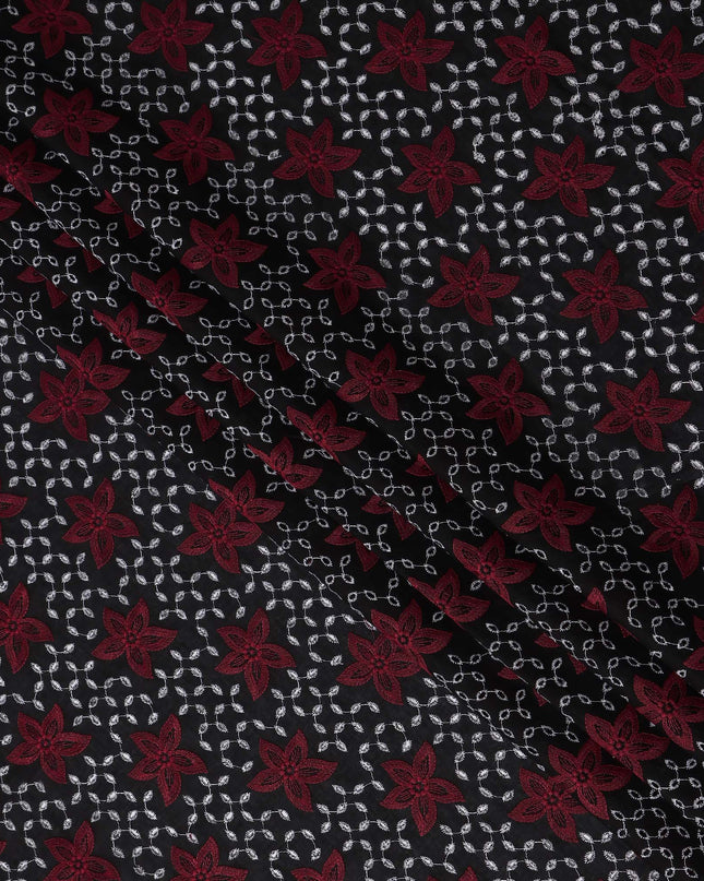Black Floral Embroidered Cotton Voile Fabric 110cm