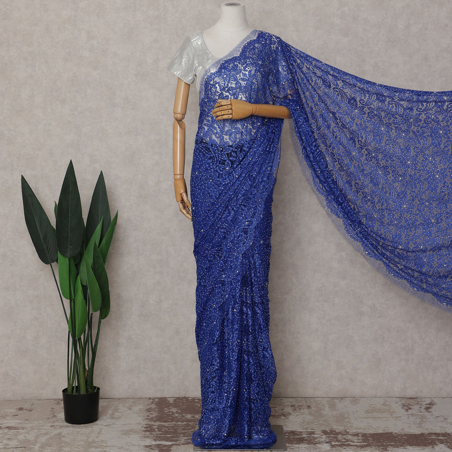French Chantilly Lace Saree Piece - Sapphire Blue