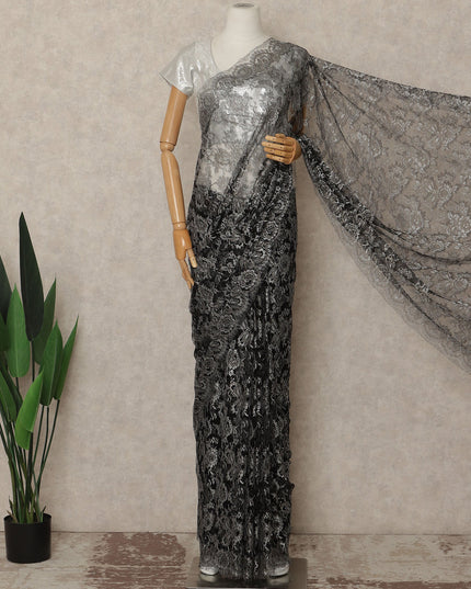 Black Metallic French Chantilly Saree Lace Elegant Floral Net Design 5.5 Mtrs Length 110 Cms Width Premium Soft Sheer Fabric France Origin-D28906 Regal Fabrics
