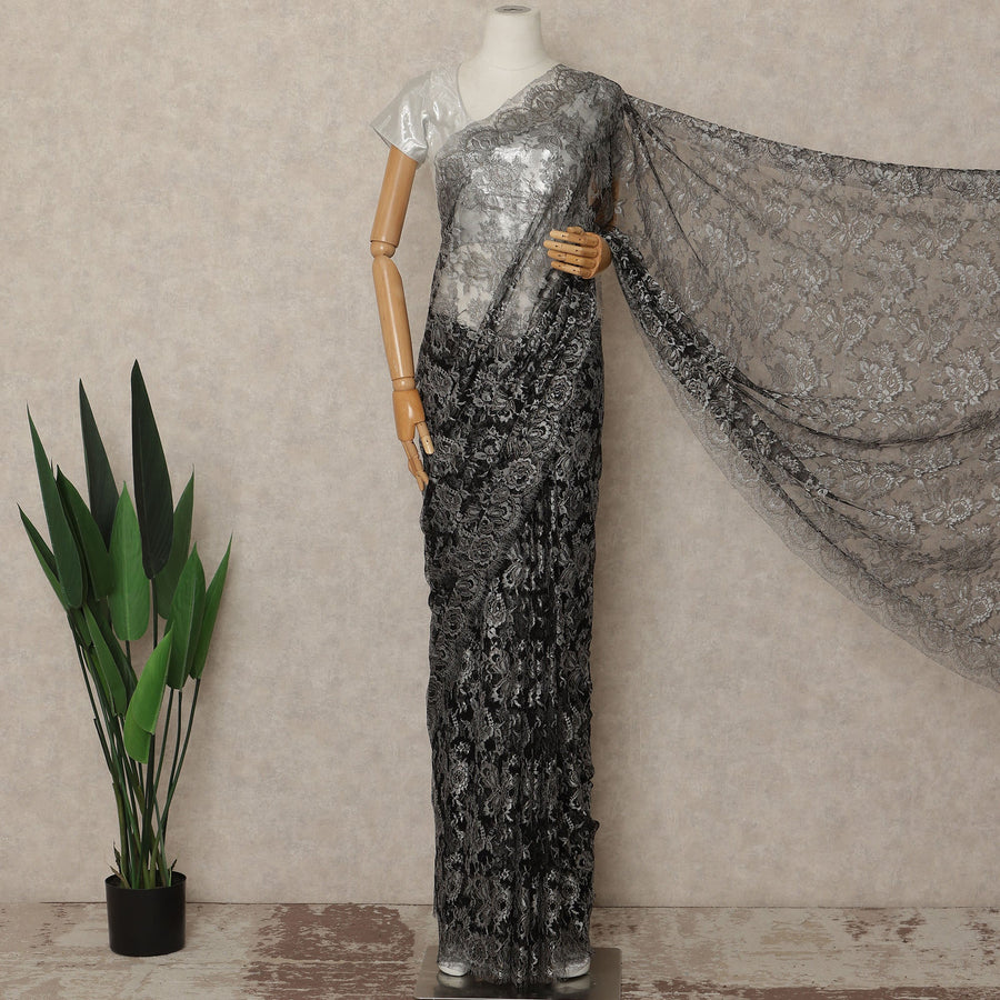 Black Metallic French Chantilly Saree Lace Elegant Floral Net Design 5.5 Mtrs Length 110 Cms Width Premium Soft Sheer Fabric France Origin-D28906 Regal Fabrics
