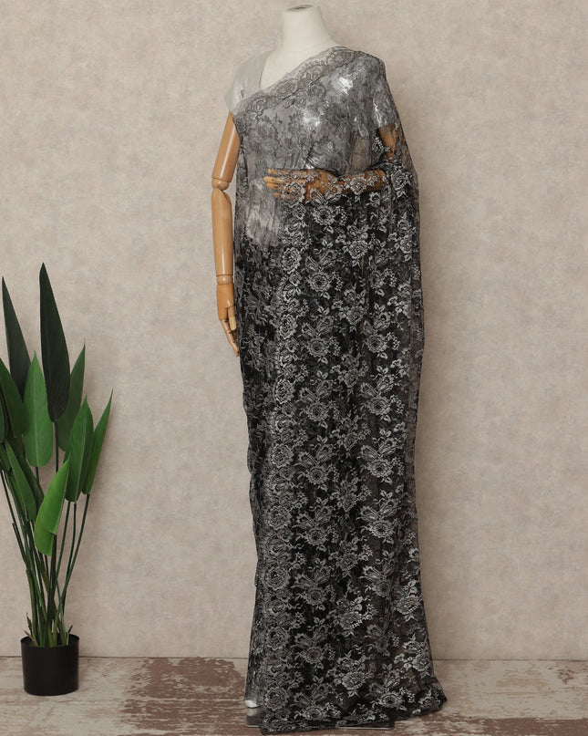 Black Metallic French Chantilly Saree Lace Elegant Floral Net Design 5.5 Mtrs Length 110 Cms Width Premium Soft Sheer Fabric France Origin-D28906 Regal Fabrics