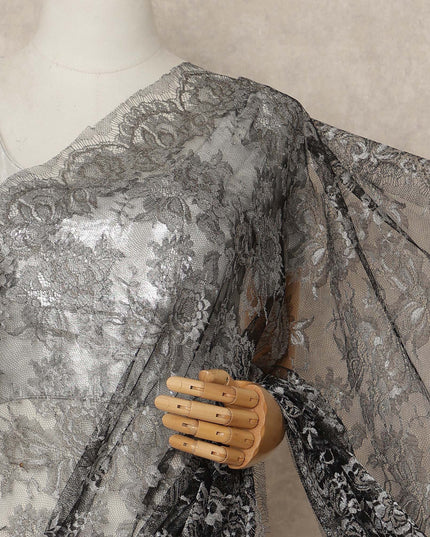 Black Metallic French Chantilly Saree Lace Elegant Floral Net Design 5.5 Mtrs Length 110 Cms Width Premium Soft Sheer Fabric France Origin-D28906 Regal Fabrics