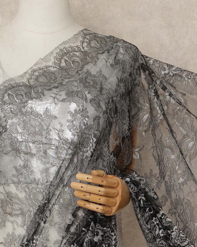 Black Metallic French Chantilly Saree Lace Elegant Floral Net Design 5.5 Mtrs Length 110 Cms Width Premium Soft Sheer Fabric France Origin-D28906 Regal Fabrics