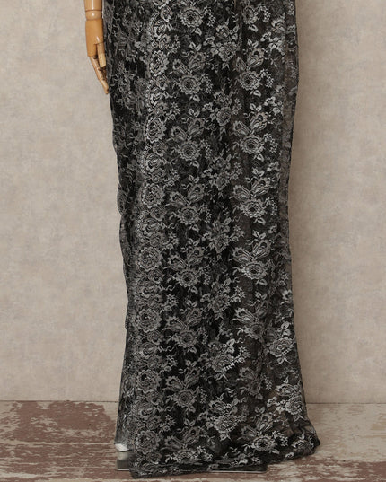 Black Metallic French Chantilly Saree Lace Elegant Floral Net Design 5.5 Mtrs Length 110 Cms Width Premium Soft Sheer Fabric France Origin-D28906 Regal Fabrics