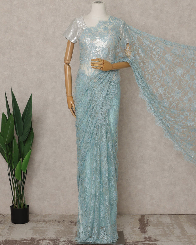Ice Blue Premium French Chantilly Lace Saree with Stone Work – 5.5 Meters Fabric Length, Width 110 cm, Imported from France  & Blouse Not Included-D26588