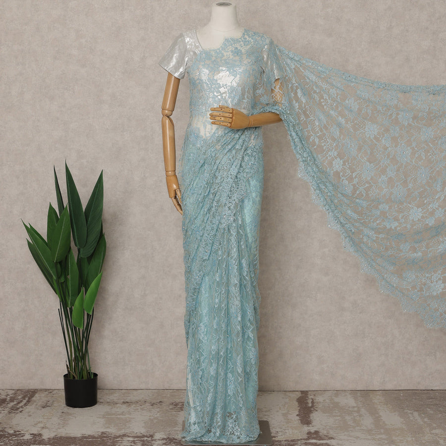 Ice Blue Premium French Chantilly Lace Saree with Stone Work – 5.5 Meters Fabric Length, Width 110 cm, Imported from France  & Blouse Not Included-D26588