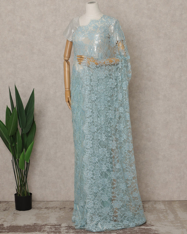 Ice Blue Premium French Chantilly Lace Saree with Stone Work – 5.5 Meters Fabric Length, Width 110 cm, Imported from France  & Blouse Not Included-D26588