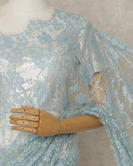 Ice Blue Premium French Chantilly Lace Saree with Stone Work – 5.5 Meters Fabric Length, Width 110 cm, Imported from France  & Blouse Not Included-D26588