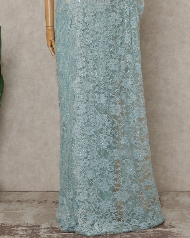 Ice Blue Premium French Chantilly Lace Saree with Stone Work – 5.5 Meters Fabric Length, Width 110 cm, Imported from France  & Blouse Not Included-D26588