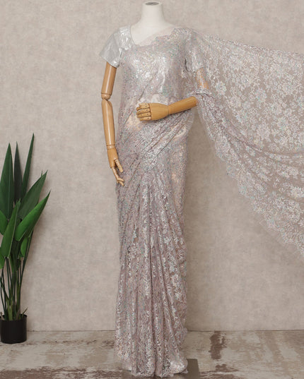Pastel Lilac Pink Premium French Metallic Chantilly Lace Saree with Stone Work, Width 110 Cms, 5.5 Mtrs, France-D25574