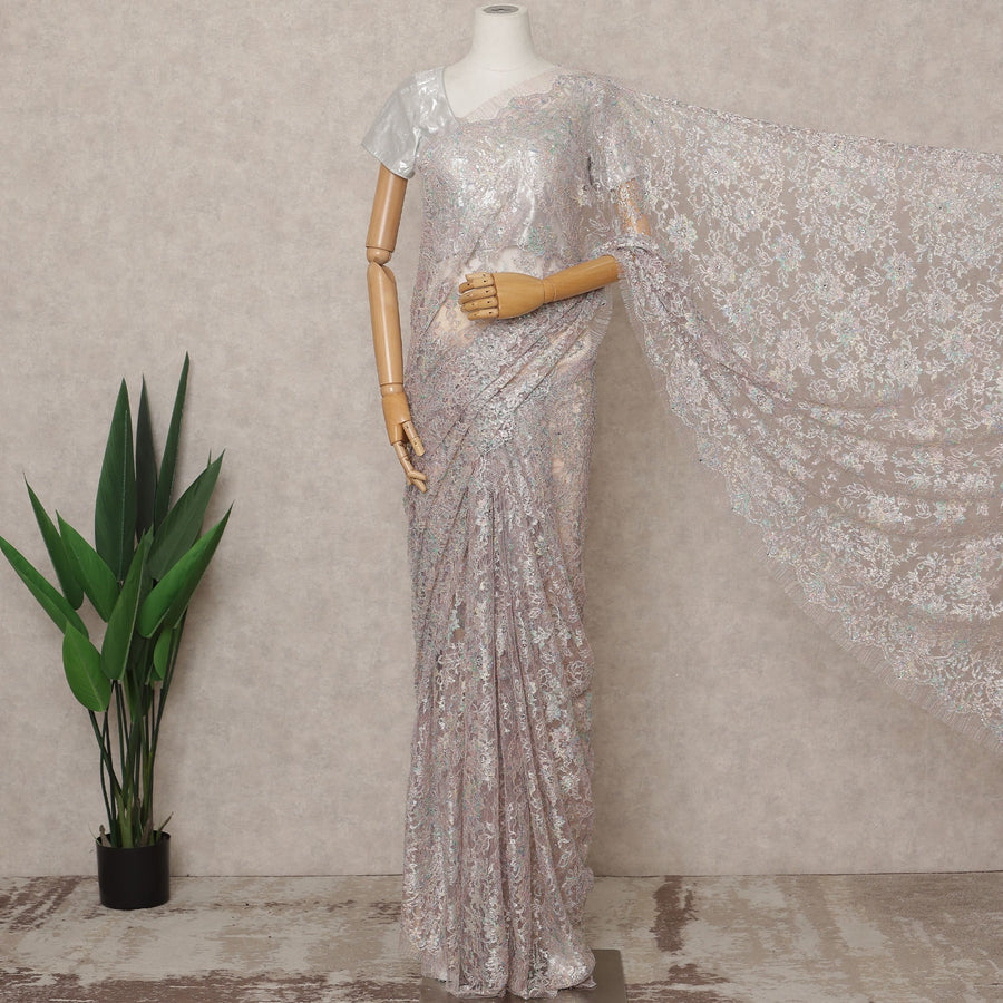 Pastel Lilac Pink Premium French Metallic Chantilly Lace Saree with Stone Work, Width 110 Cms, 5.5 Mtrs, France-D25574