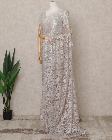 Pastel Lilac Pink Premium French Metallic Chantilly Lace Saree with Stone Work, Width 110 Cms, 5.5 Mtrs, France-D25574