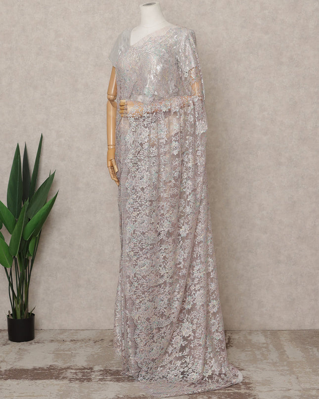 ساري فرنسي فاخر من الدانتيل المعدني بلون الباستيل والوردي الفاتح مع تطريز حجري، عرض 110 سم، 5.5 متر، فرنسا - D25574