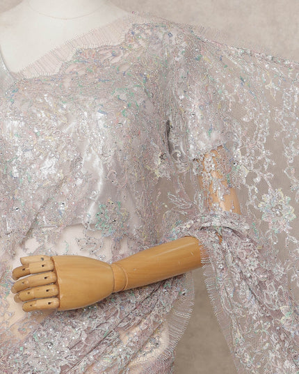 Pastel Lilac Pink Premium French Metallic Chantilly Lace Saree with Stone Work, Width 110 Cms, 5.5 Mtrs, France-D25574