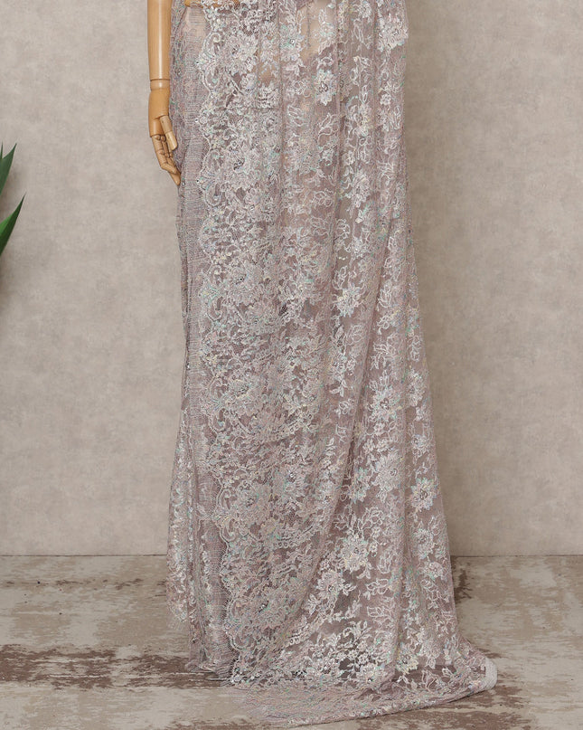 ساري فرنسي فاخر من الدانتيل المعدني بلون الباستيل والوردي الفاتح مع تطريز حجري، عرض 110 سم، 5.5 متر، فرنسا - D25574