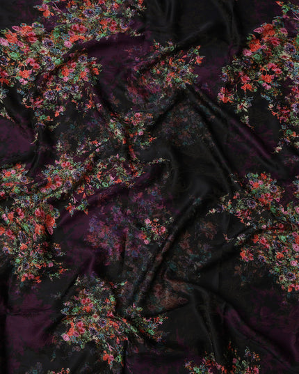 Black Base Multicolor Floral Bouquet Printed Pure Silk Satin Fabric 140 Cms Width Made in South Korea-D24929