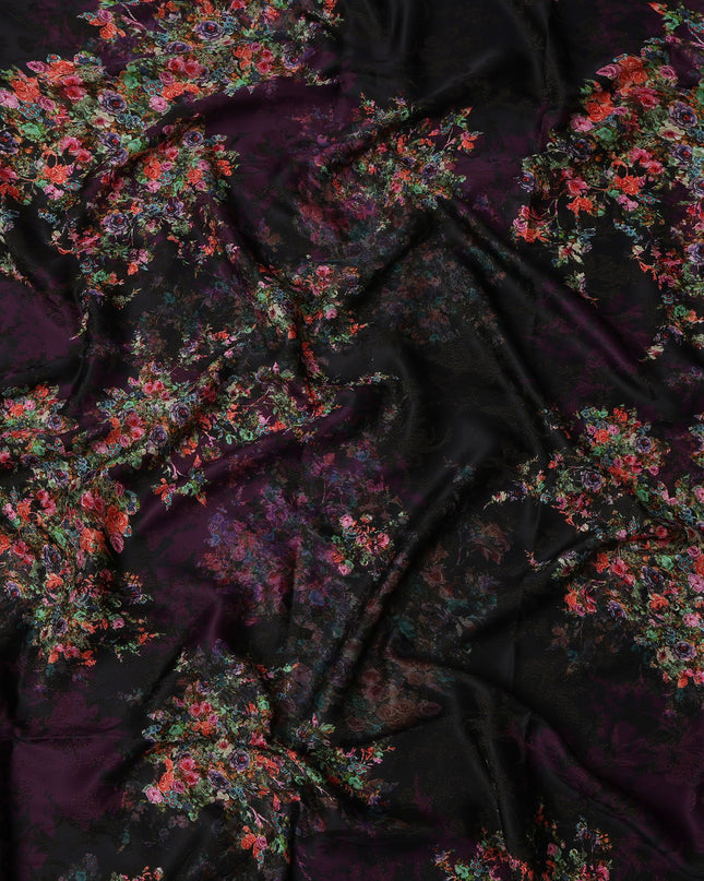 Black Base Multicolor Floral Bouquet Printed Pure Silk Satin Fabric 140 Cms Width Made in South Korea-D24929