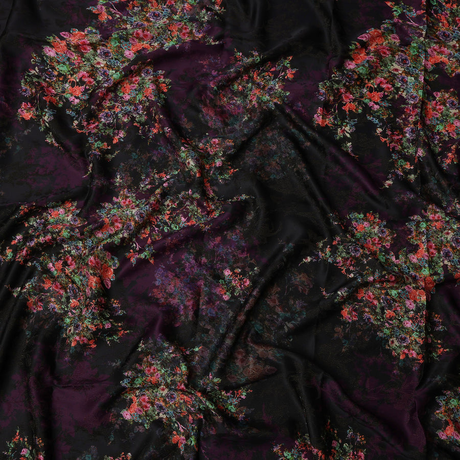 Black Base Multicolor Floral Bouquet Printed Pure Silk Satin Fabric 140 Cms Width Made in South Korea-D24929