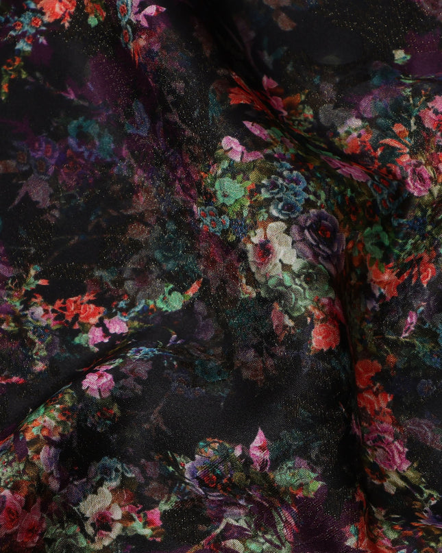 Black Base Multicolor Floral Bouquet Printed Pure Silk Satin Fabric 140 Cms Width Made in South Korea-D24929
