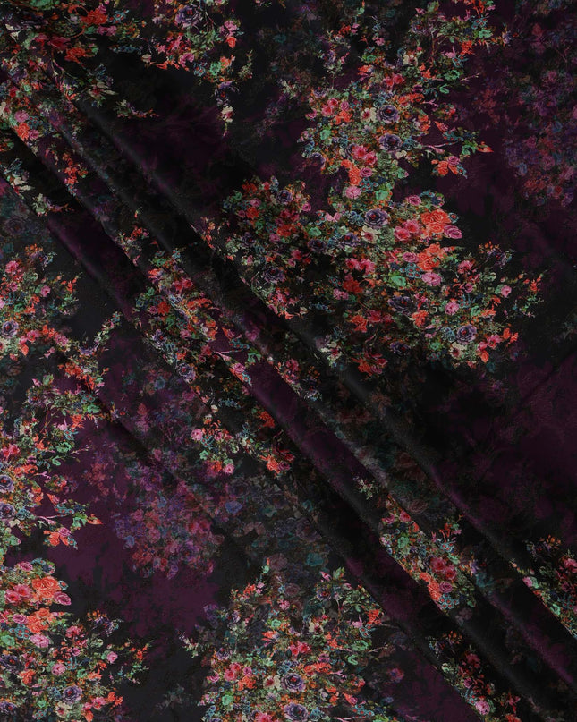 Black Base Multicolor Floral Bouquet Printed Pure Silk Satin Fabric 140 Cms Width Made in South Korea-D24929