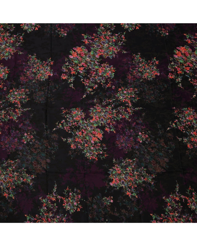Black Base Multicolor Floral Bouquet Printed Pure Silk Satin Fabric 140 Cms Width Made in South Korea-D24929
