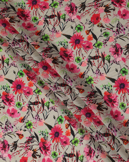 Beige Floral Viscose Crepe Fabric 110cm - 0432220