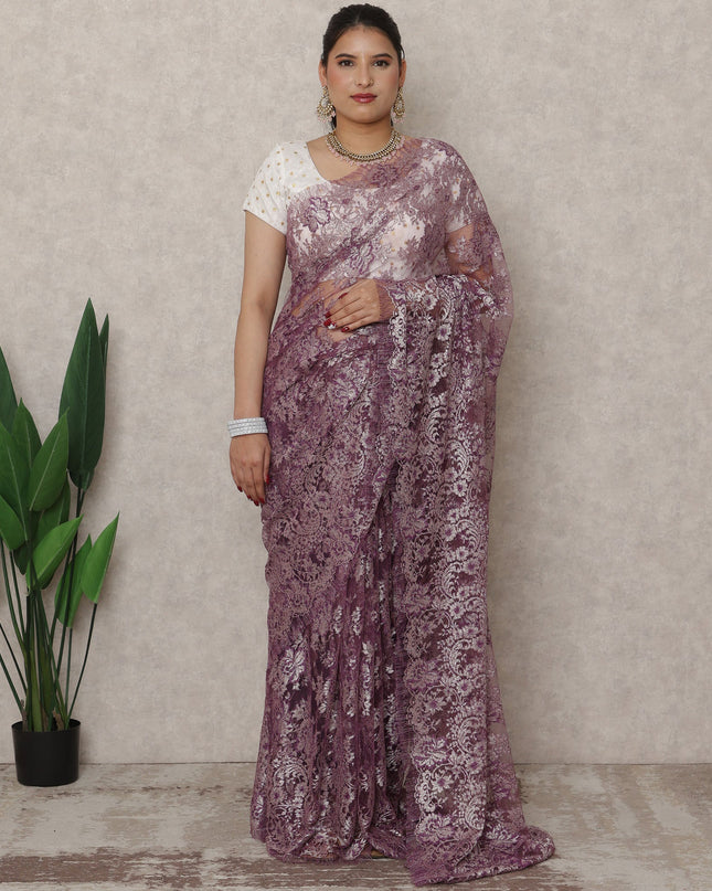 French Chantilly Lace Saree Piece - Mauve Purple