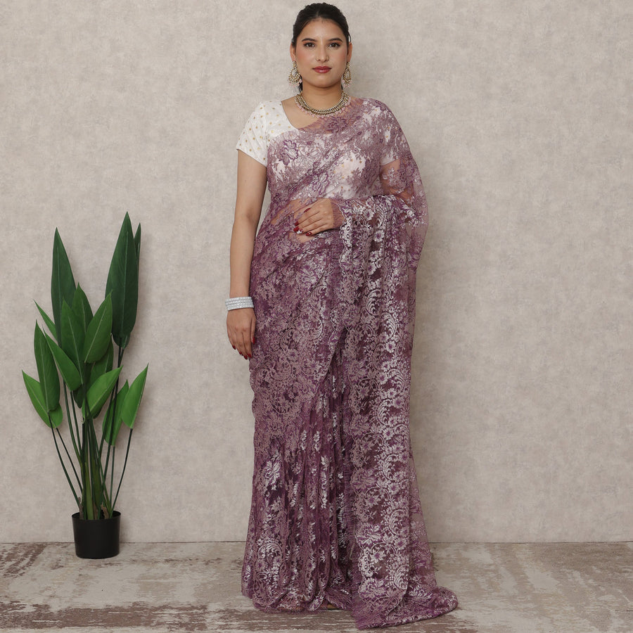 French Chantilly Lace Saree Piece - Mauve Purple