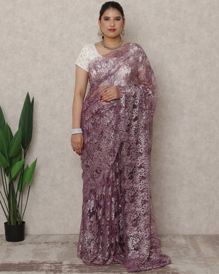 Dusty Mauve Premium French Metallic Chantilly Saree Lace, 5.5 Mtrs Length, 110 Cms Width, Made in France-D24441