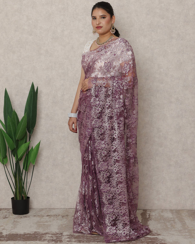 French Chantilly Lace Saree Piece - Mauve Purple