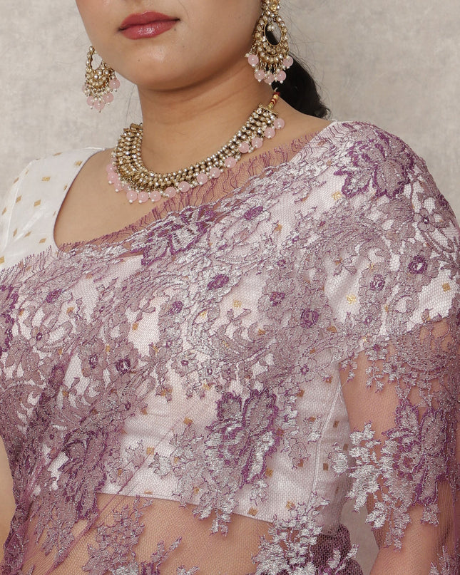 Dusty Mauve Premium French Metallic Chantilly Saree Lace, 5.5 Mtrs Length, 110 Cms Width, Made in France-D24441