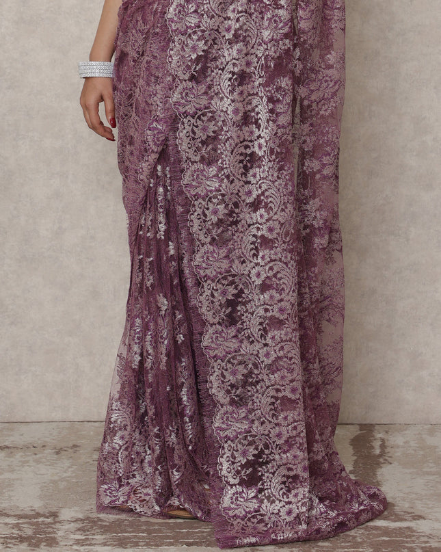 Dusty Mauve Premium French Metallic Chantilly Saree Lace, 5.5 Mtrs Length, 110 Cms Width, Made in France-D24441