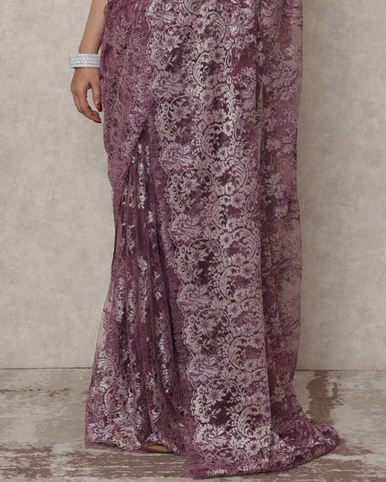 French Chantilly Lace Saree Piece - Mauve Purple