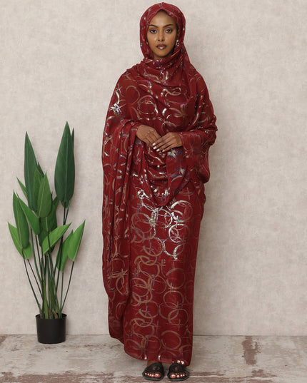 Maroon Korean Silk Chiffon Thobe with Metallic Lurex Circles, 4.5 Mtrs Length, Width 110 Cms, South Korea-D24395