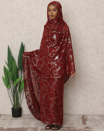Maroon Korean Silk Chiffon Thobe with Metallic Lurex Circles, 4.5 Mtrs Length, Width 110 Cms, South Korea-D24395