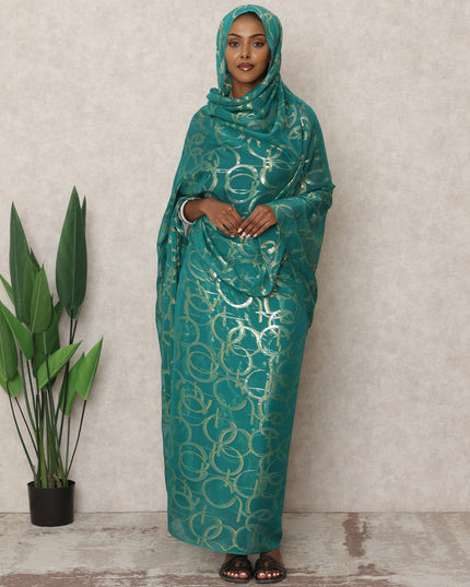 Teal Korean Silk Chiffon Thobe with Metallic Lurex Circles, 4.5 Mtrs Length, Width 110 Cms, South Korea-D24398