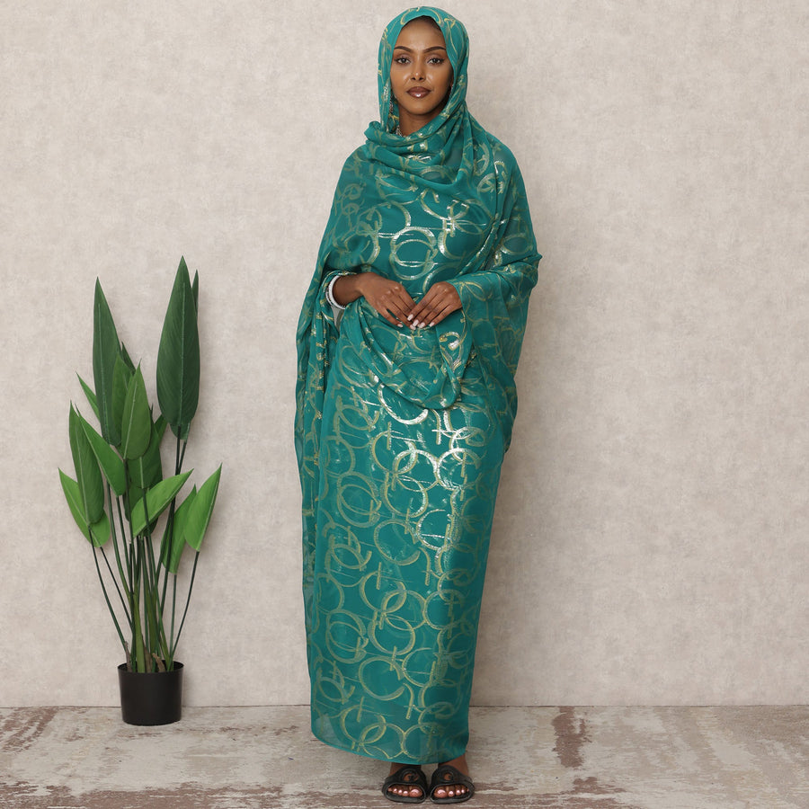 Teal Korean Silk Chiffon Thobe with Metallic Lurex Circles, 4.5 Mtrs Length, Width 110 Cms, South Korea-D24398