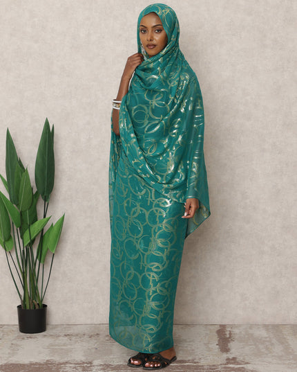 Teal Korean Silk Chiffon Thobe with Metallic Lurex Circles, 4.5 Mtrs Length, Width 110 Cms, South Korea-D24398