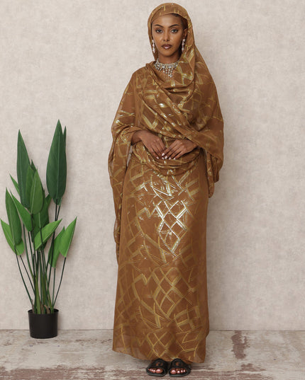 Bronze Gold Korean Silk Chiffon Thobe with Metallic Lurex Design, 4.5 Mtrs Length, Width 110 Cms, South Korea-D24391