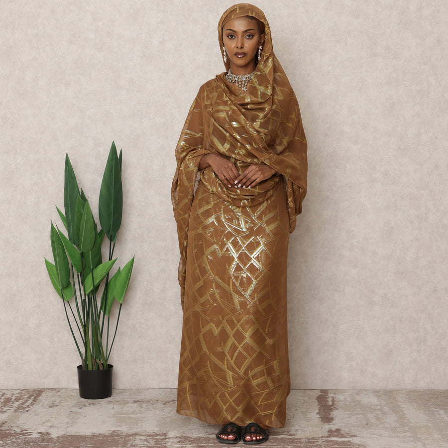 Bronze Gold Korean Silk Chiffon Thobe with Metallic Lurex Design, 4.5 Mtrs Length, Width 110 Cms, South Korea-D24391