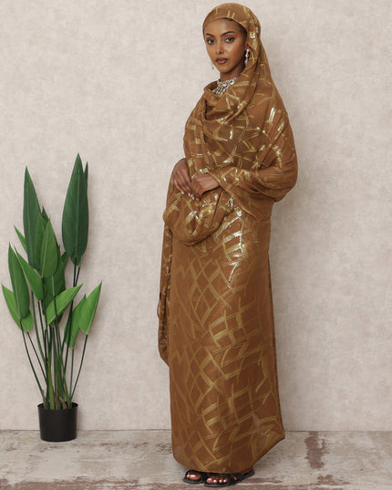 Bronze Gold Korean Silk Chiffon Thobe with Metallic Lurex Design, 4.5 Mtrs Length, Width 110 Cms, South Korea-D24391