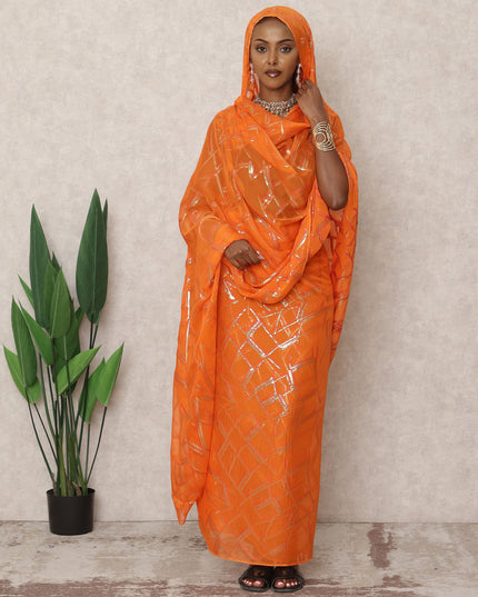 ثوب كوري من الشيفون الحريري باللون البرتقالي الفاتح مع لمسات من اللوركس المعدني، طول 4.5 متر، عرض 110 سم، كوريا الجنوبية - D24392