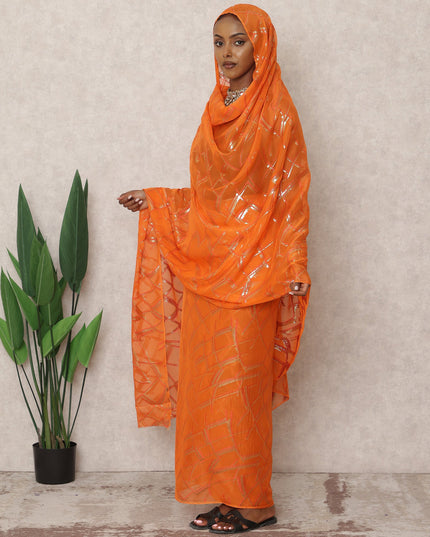 ثوب كوري من الشيفون الحريري باللون البرتقالي الفاتح مع لمسات من اللوركس المعدني، طول 4.5 متر، عرض 110 سم، كوريا الجنوبية - D24392