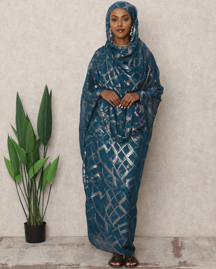 Teal Blue Korean Silk Chiffon Thobe with Metallic Lurex Design, 4.5 Mtrs Length, Width 110 Cms, South Korea-D24393