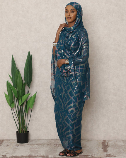 Teal Blue Korean Silk Chiffon Thobe with Metallic Lurex Design, 4.5 Mtrs Length, Width 110 Cms, South Korea-D24393